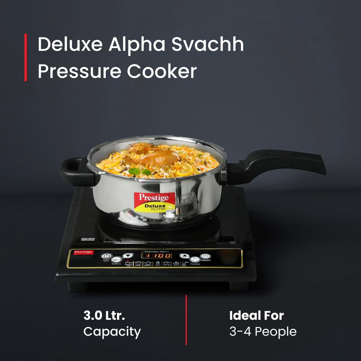 Prestige 3L Svachh Deluxe Alpha stainless steel Pressure Cooker|Outer lid|3-4 personsl|Deep lid for spillage control|Gas & induction compatible|Controlled GasketRelease System|Silver|10 years warranty