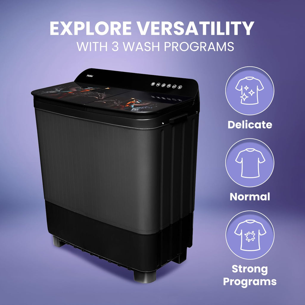 Haier 9 kg 5 Star Toughened Glass & Vortex pulsator Semi Automatic Top Load (HTW90-178FL,Black)
