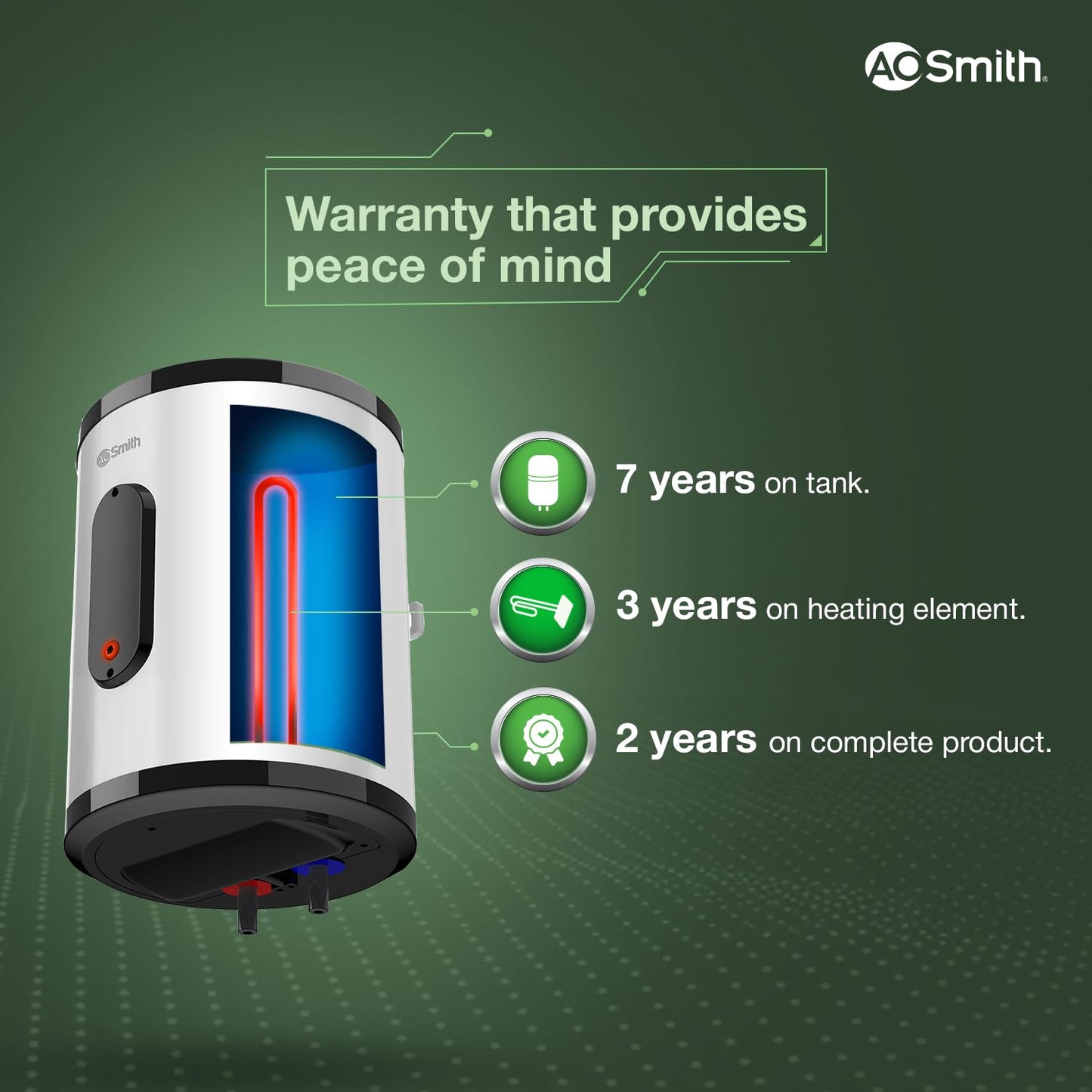 AO Smith Geyser 15 Litre 5 Star BEE Rating | 2KW | Storage Water Heater With 2X Corrosion Resistant Blue Diamond Glass Tank | Warranty: 7 Yr Tank, 3 Yr heating element & 2 Yr Overall | VAS PLUS 15L