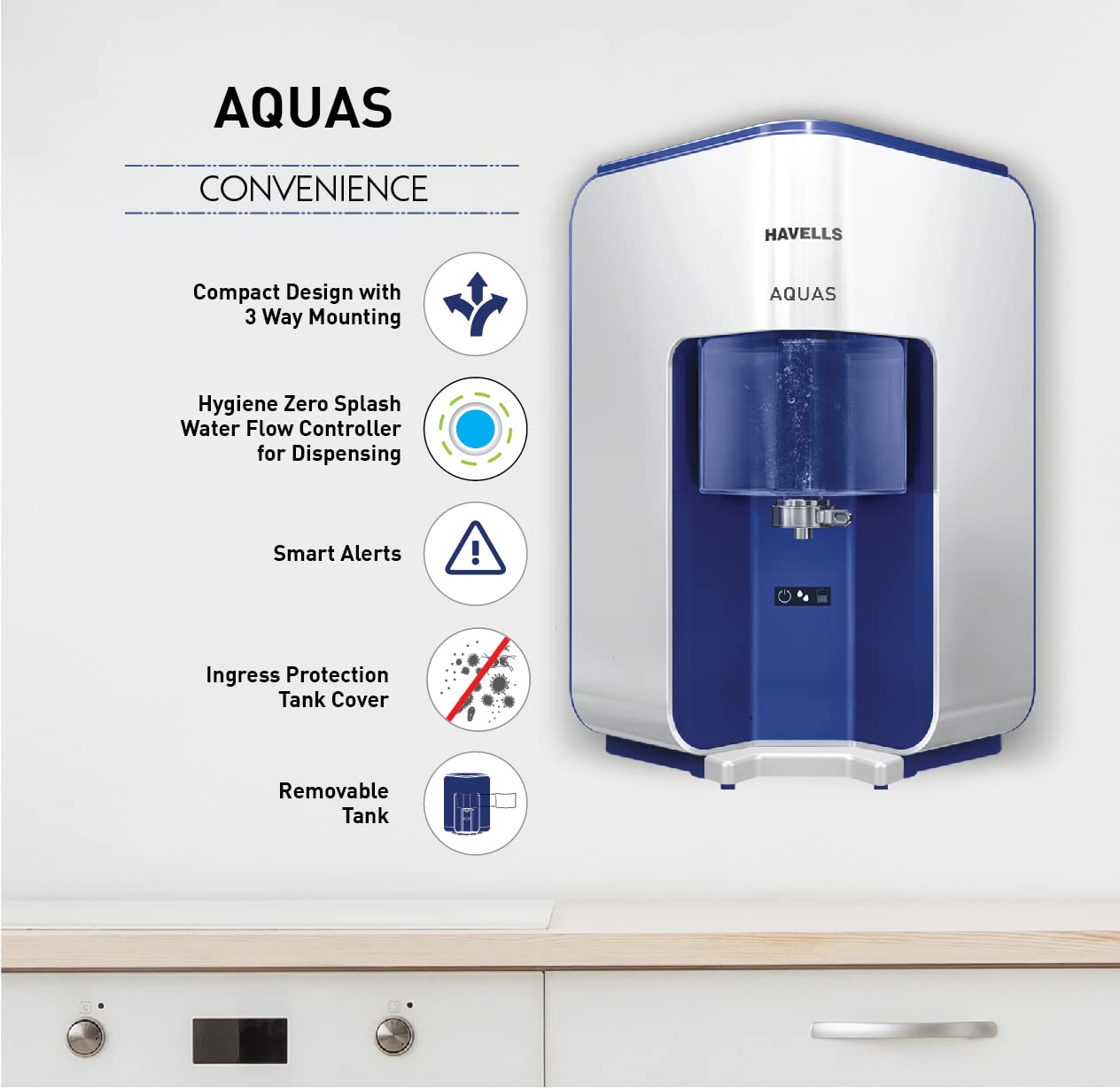 Havells AQUAS Water Purifier (White and Blue), RO+UF, Copper+Zinc+Minerals, 5 stage Purification, 7L Tank, Suitable for Borewell, Tanker & Municipal Water