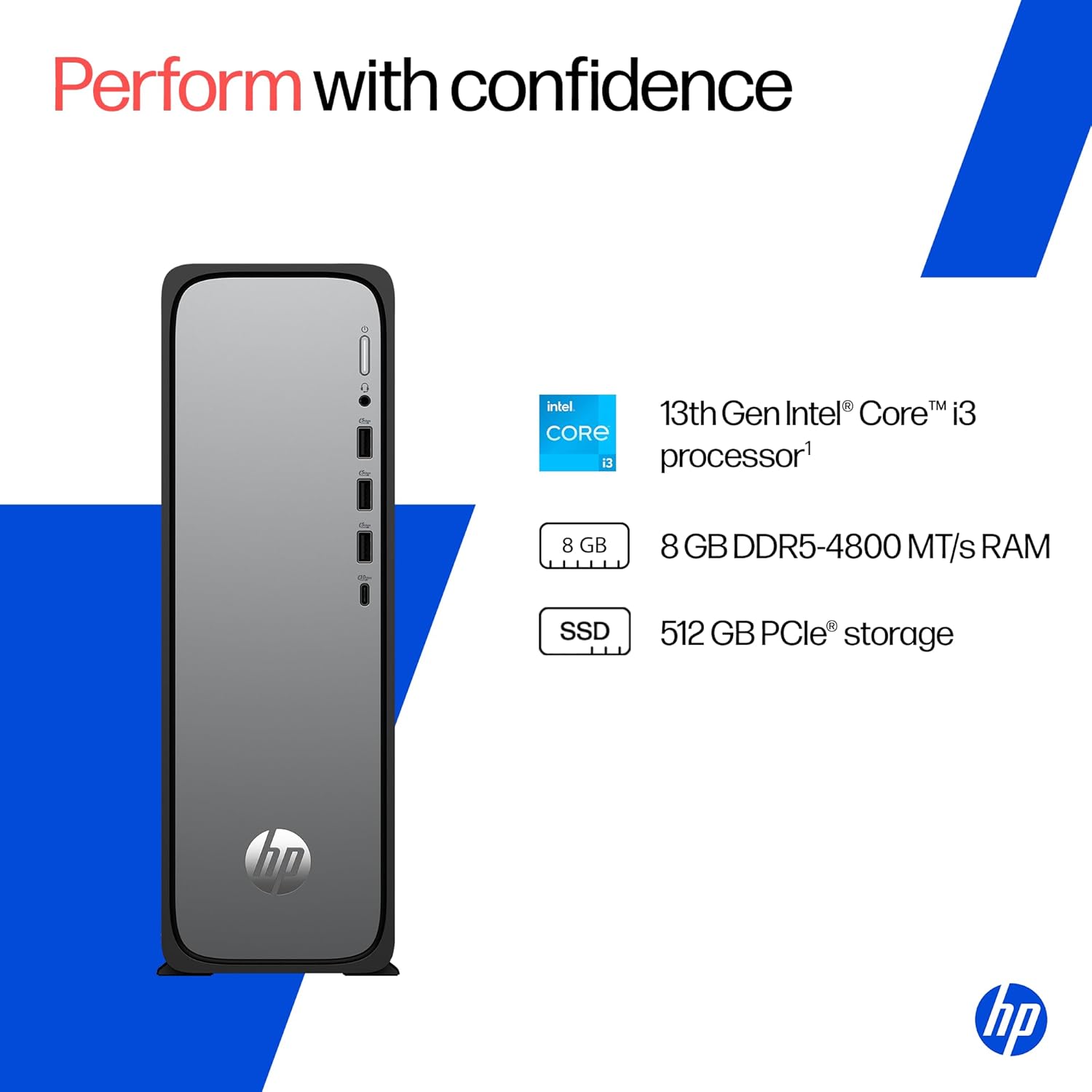 HP OmniDesk Slim, 13th Gen Intel Core i3-13100 (8GB DDR5, 512GB SSD), Win11, M365* Office 24, Meteor Silver, 3.8kg, Black Wired Keyboard, UHD Graphics, S03-0001in