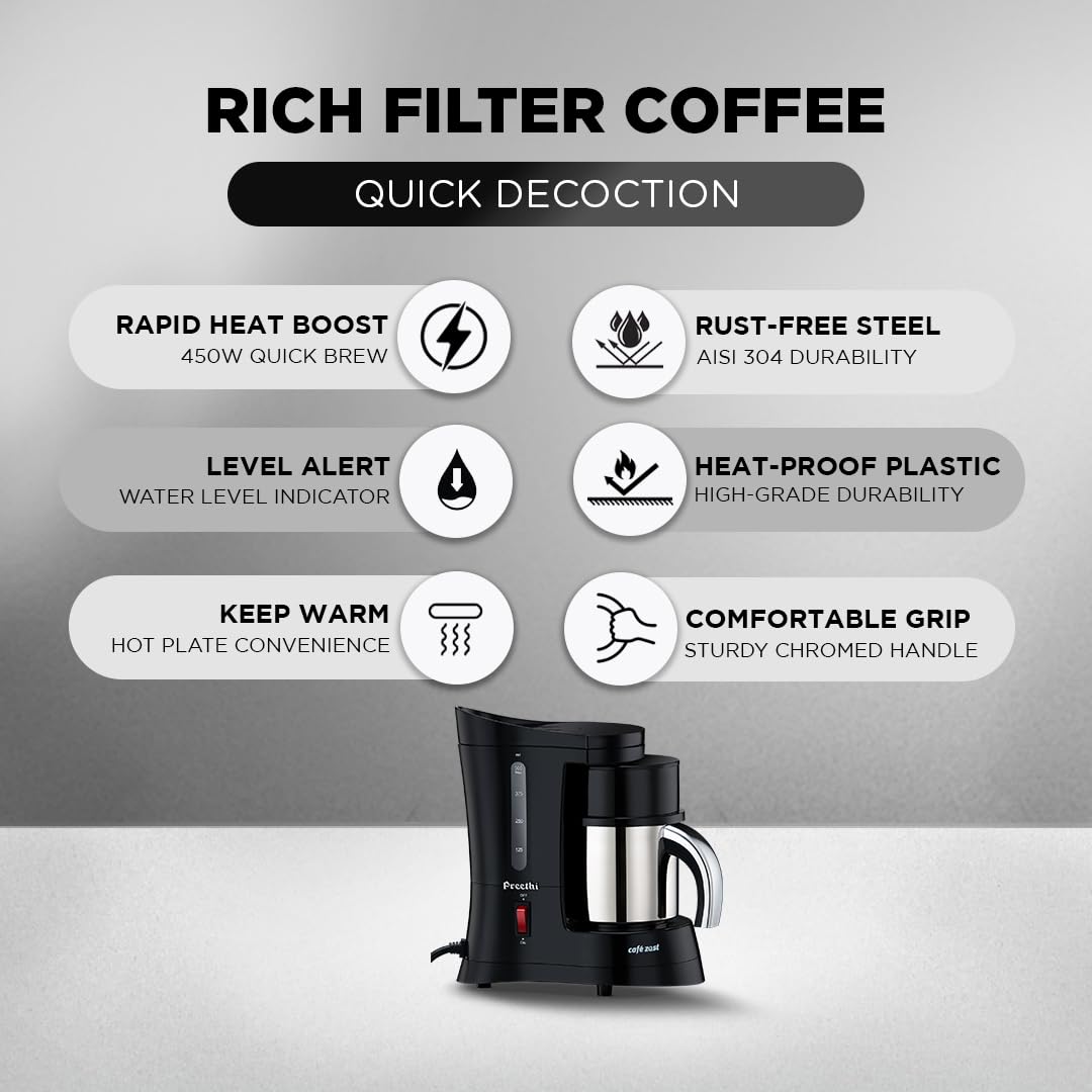 Preethi Cafe Zest Drip Coffee Maker| 450W Coffee Machine for Home | 500ml Capacity | Black (CM 210)