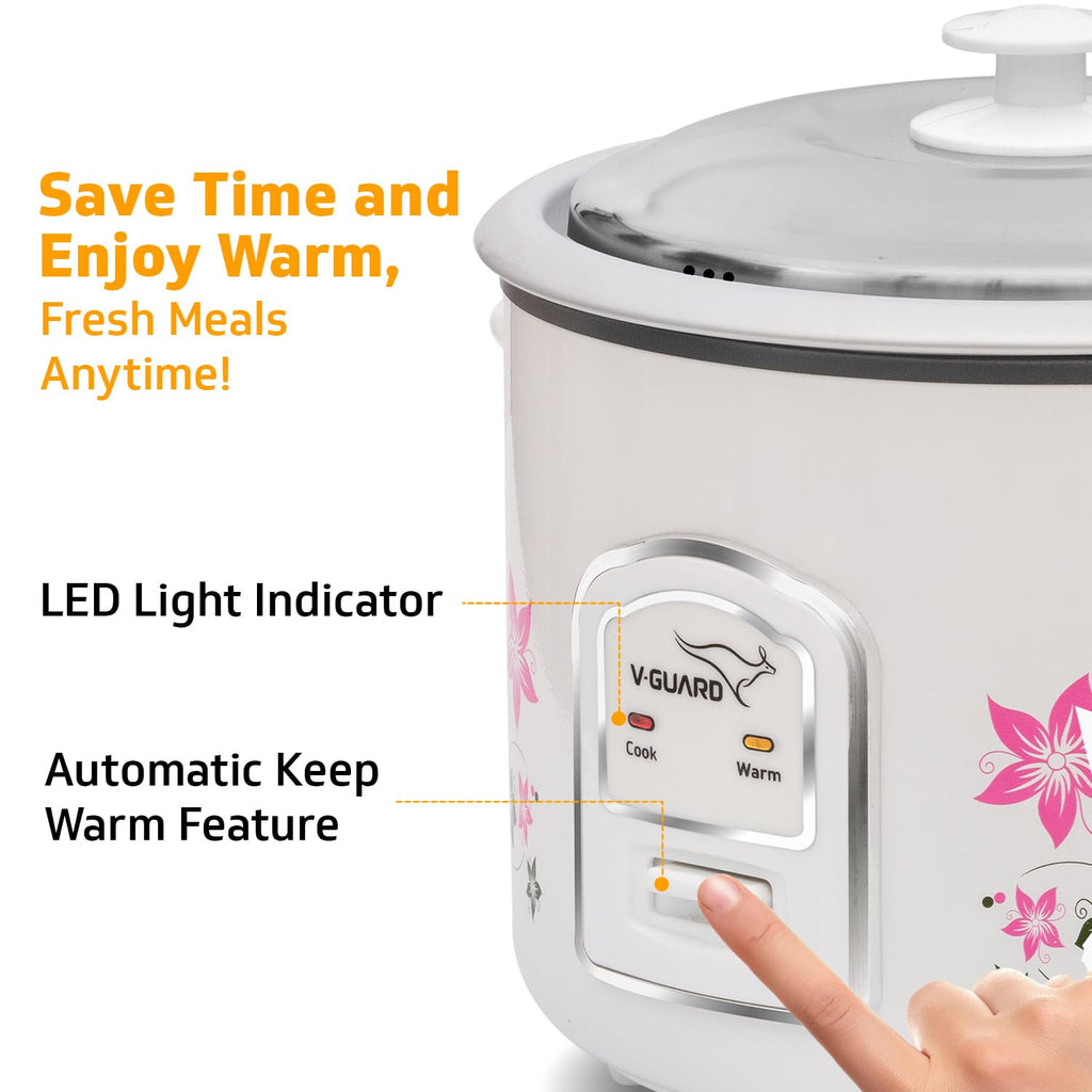 V-Guard VRC 1.8-Litre Electric Rice Cooker with 700 W Power, 2 Pots, Spatula, Rice Separator 5-Yr Heating Plate & 2-Yr Product Coverage Automatic Cooking with Double-Layered Body & Cool Touch Handles.
