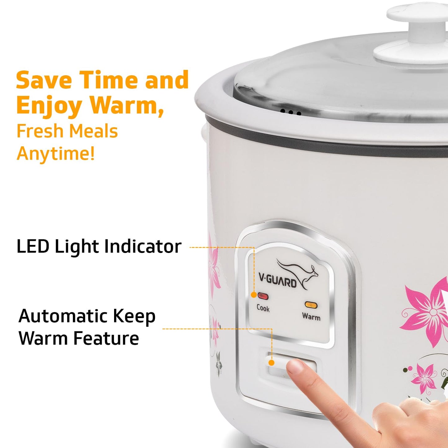 V-Guard VRC 1.8-Litre Electric Rice Cooker with 700 W Power, 2 Pots, Spatula, Rice Separator 5-Yr Heating Plate & 2-Yr Product Coverage Automatic Cooking with Double-Layered Body & Cool Touch Handles.