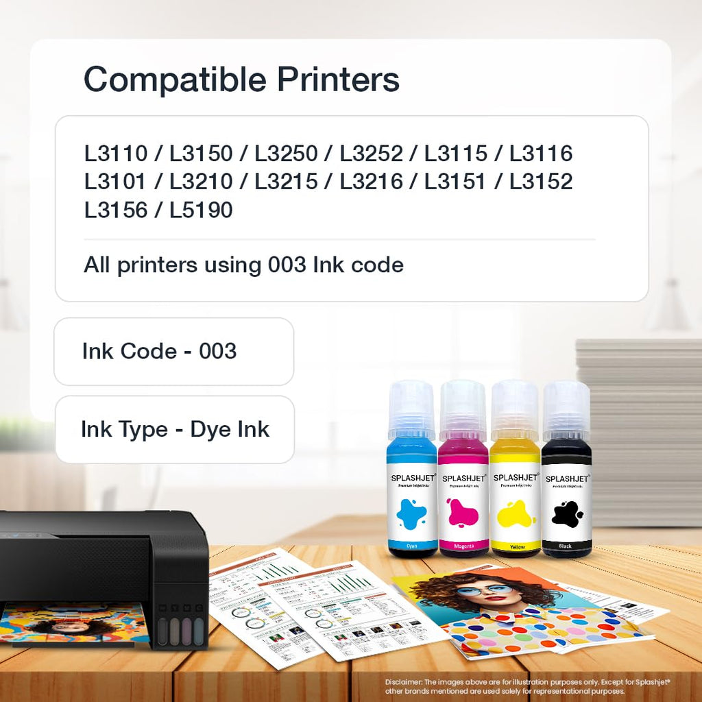 Splashjet 003 Compatible Refill Ink for Epson L3110, L3150, L3250, L3252 L3115, L3116, L3101, L3210, L3215, L3216, L3151, L3152, L3156, L5190 Printer – (70gm x 4 Color) Set Box - 501737