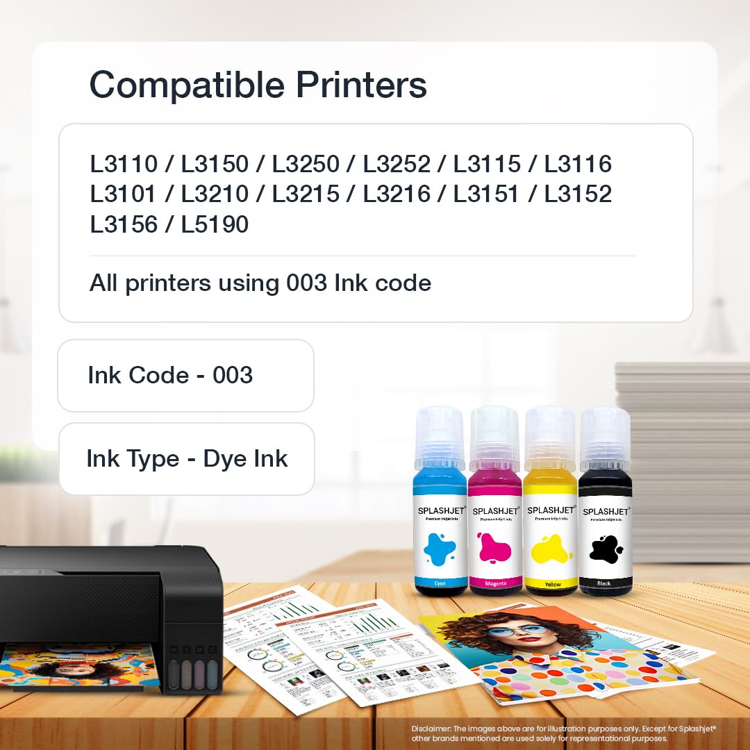 Splashjet 003 Compatible Refill Ink for Epson L3110, L3150, L3250, L3252 L3115, L3116, L3101, L3210, L3215, L3216, L3151, L3152, L3156, L5190 Printer – (70gm x 4 Color) Set Box - 501737