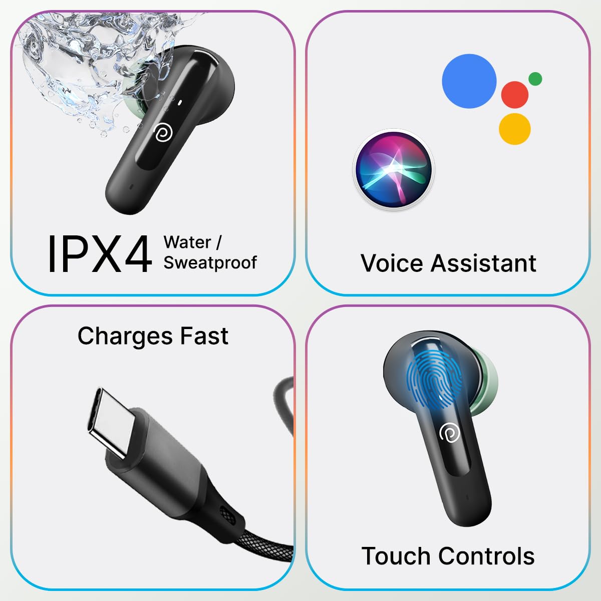 pTron Bassbuds Astra In-Ear TWS Earbuds with Stereo Sound, 34Hrs Playtime, Stereo Calls, Bluetooth V5.3 Headphone with Quick Pairing, Touch Control, Voice Assist, Type C Charging & IPX4(Black & Green)