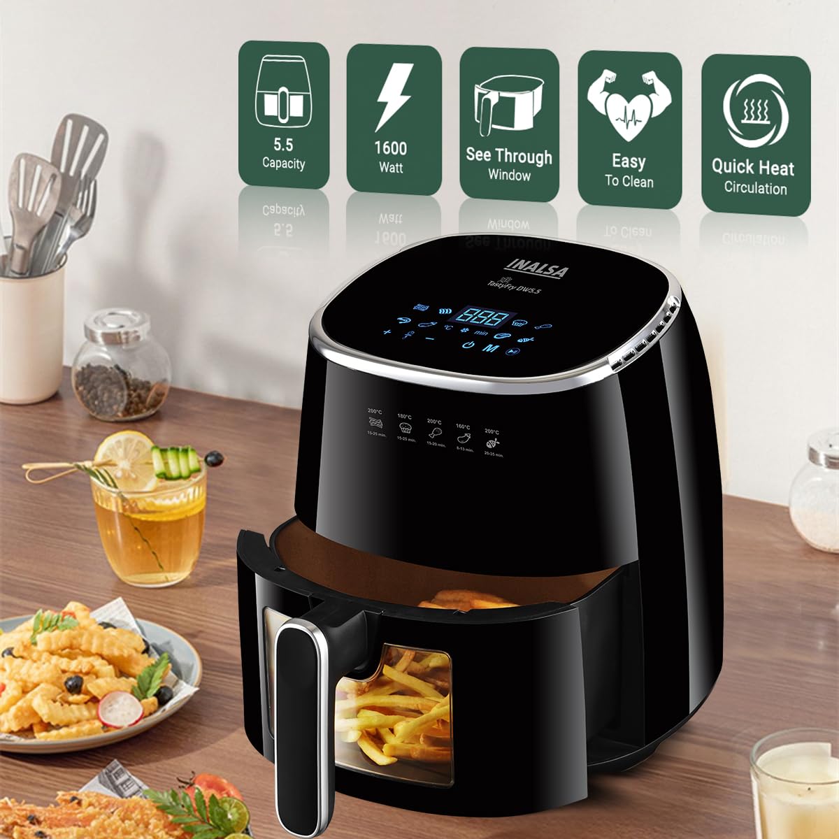 INALSA Air Fryer for Home|5.5 liter Capacity|Visible Window & Internal Light|1600 W with Smart AirCrisp Technology|6-In-1 Appliance With 8 Preset Menu & Digital Display (Tasty fry DW5.5) Black