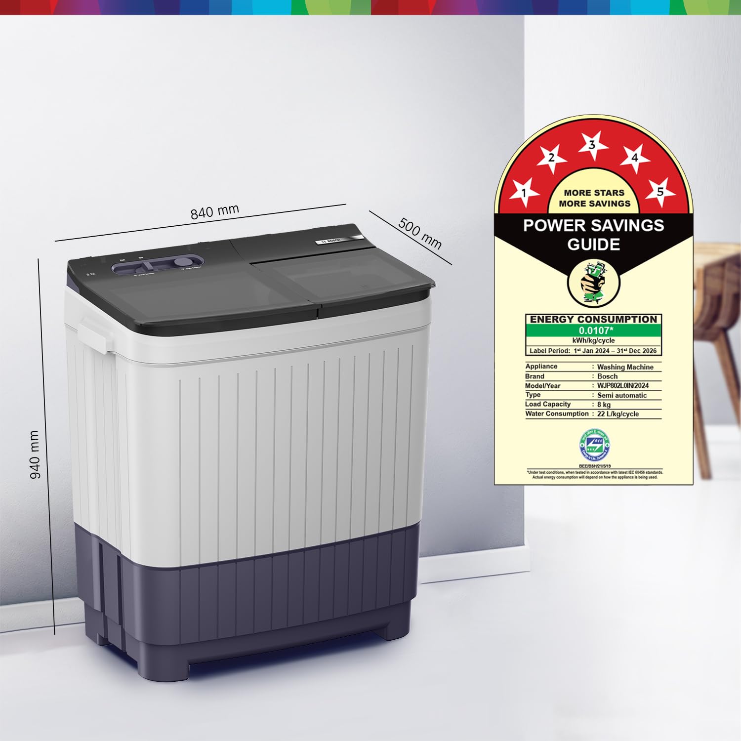 Bosch 8 kg 5 Star Semi-Automatic Top Loading Washing Machine (2025 Model, WJP802L0IN, 3 Wash Programs, Anti-Rust Body, 1300 RPM Spin Speed, Peacock Blue, 5 Years Comprehensive Warranty)