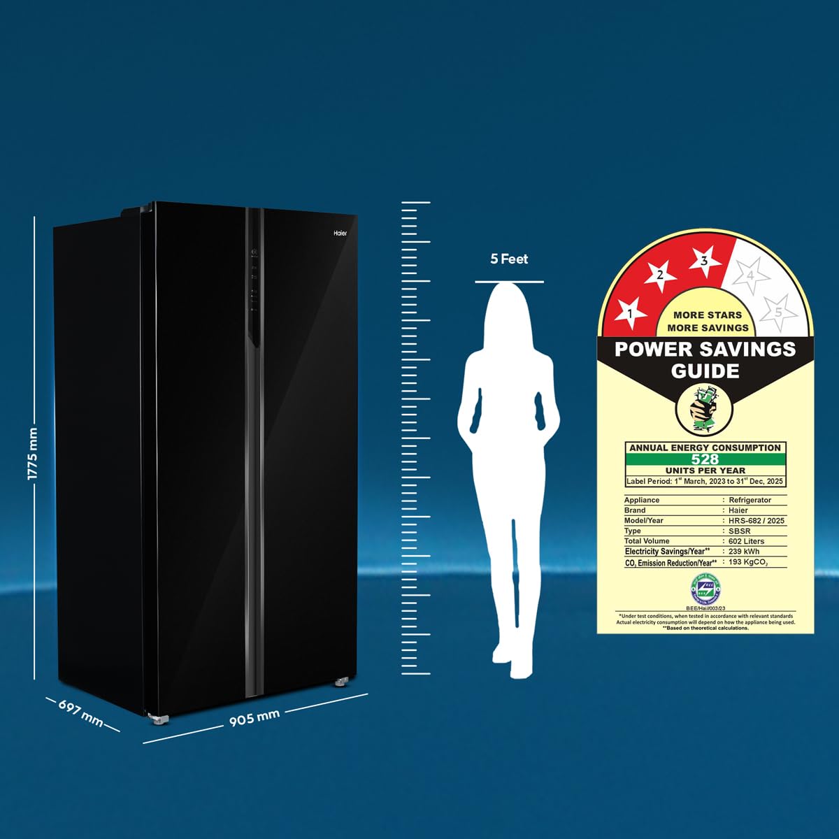 Haier 602L 3Star 2 Door Premium Glass Door Side by Side Frost Free Refrigerator|Convertible|Smart Sense AI|Expert Inverter|Digital Display Panel|Deo Fresh Technology (HRS-682KGU1, Black Glass)