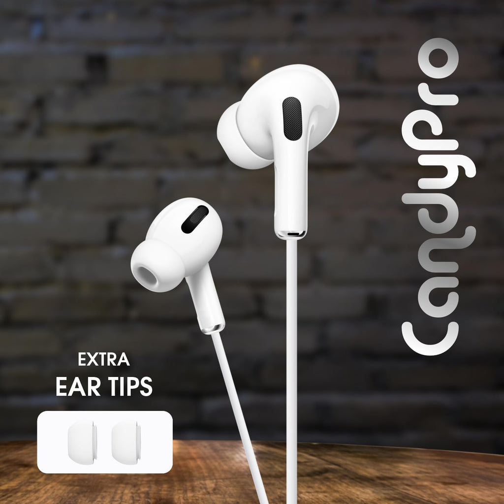 Candytech Wired Headphones In Ear Earphones with 10mm Drivers, in-Line Mic, Volume Controller, Compatible for iPhone 7/8/X/XS/XR/11/12/13/14 Pro, iPad - Noise-Isolating, Stereo Sound, White