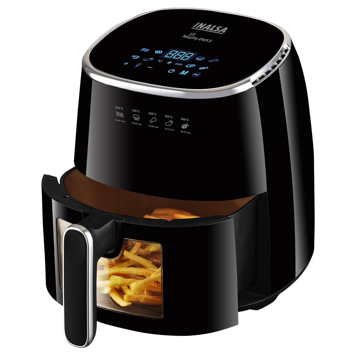 INALSA Air Fryer for Home|5.5 liter Capacity|Visible Window & Internal Light|1600 W with Smart AirCrisp Technology|6-In-1 Appliance With 8 Preset Menu & Digital Display (Tasty fry DW5.5) Black