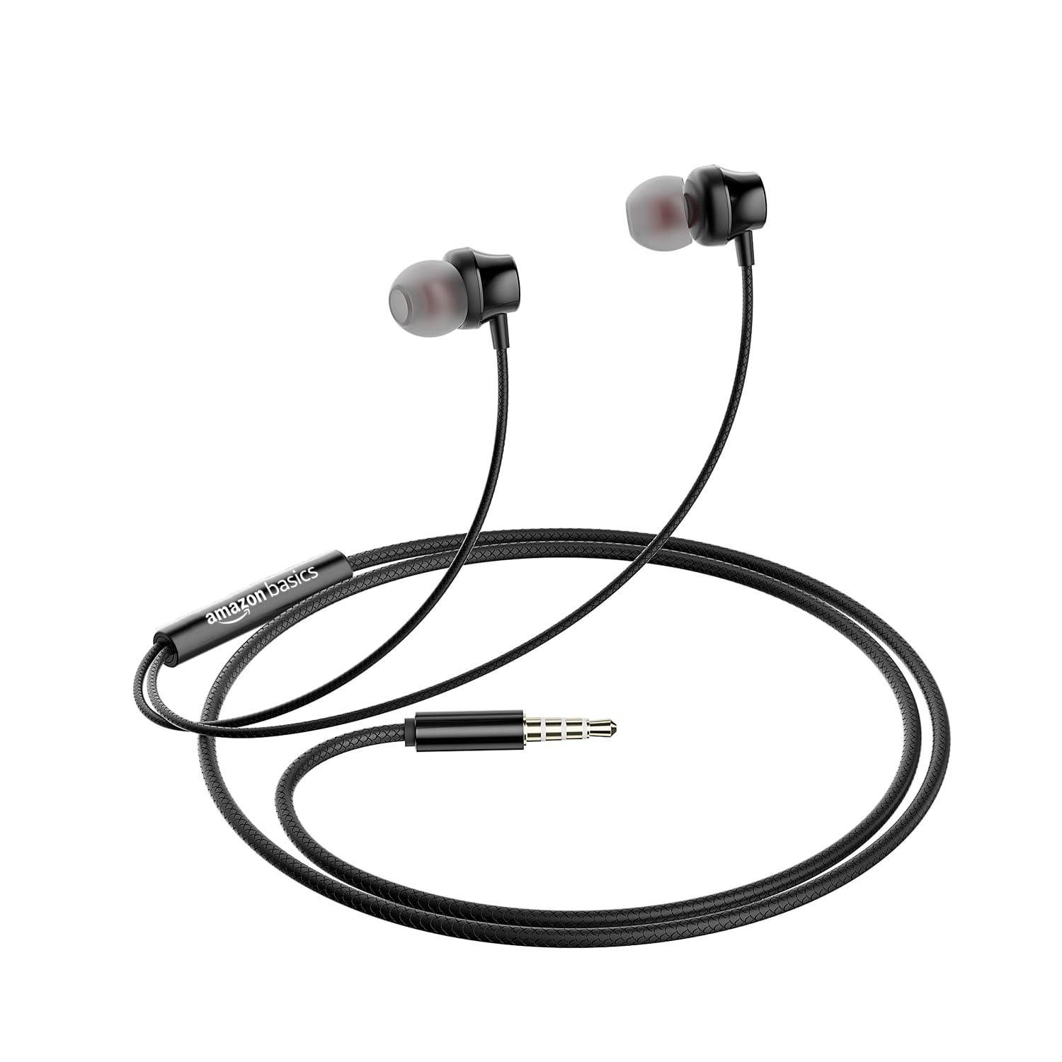 amazon basics in-Ear Wired Earphones with 9 mm Dual Drivers, in-Line Mic, Powerful Bass, Noise Isolation, 3.5 mm Audio Jack (Black and Red)