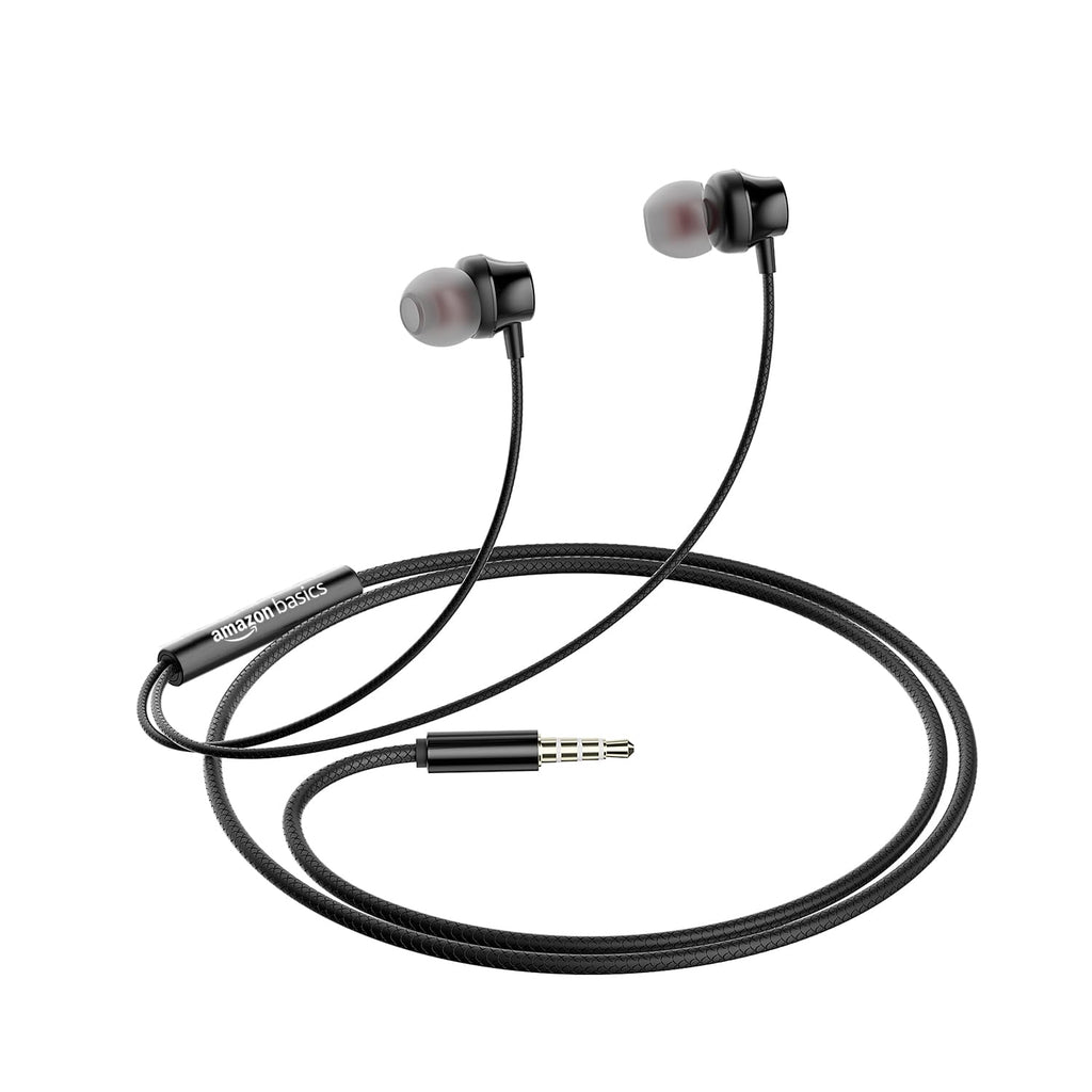 amazon basics in-Ear Wired Earphones with in-Line Mic, 10 mm Dual Drivers, Powerful Bass, Noise Isolation, 3.5 mm Audio Jack (Black, WE03)