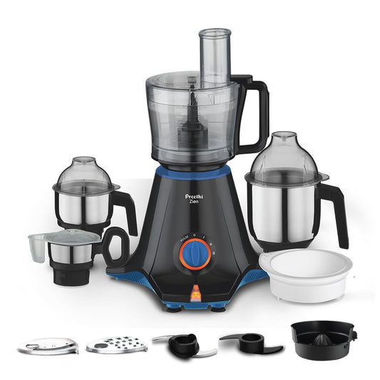 Preethi Zion Mixer Grinder for Kitchen - 4 Jars 750 Watt Mixie (3 Stainless steel Jars+1 Master Chef Plus Food processor Jar), Flexi lids, Vega W5 motor, Black (MG-227)