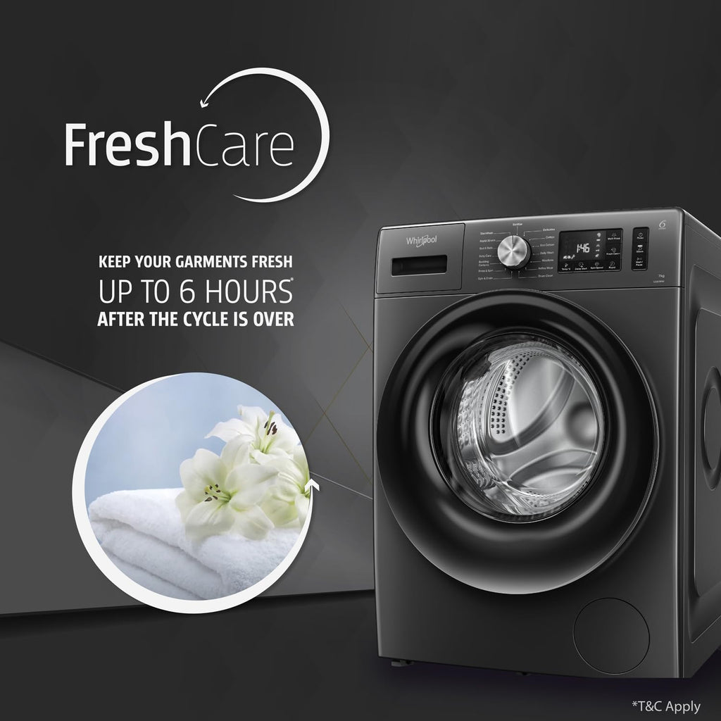 Whirlpool 7 Kg 5 Star Inverter Front Load Washing Machine with In-Built Heater (SUPREME CARE 7012 -E, Midnight Grey, 100+ Tough Stains, Steam Technology, 2025 Model)