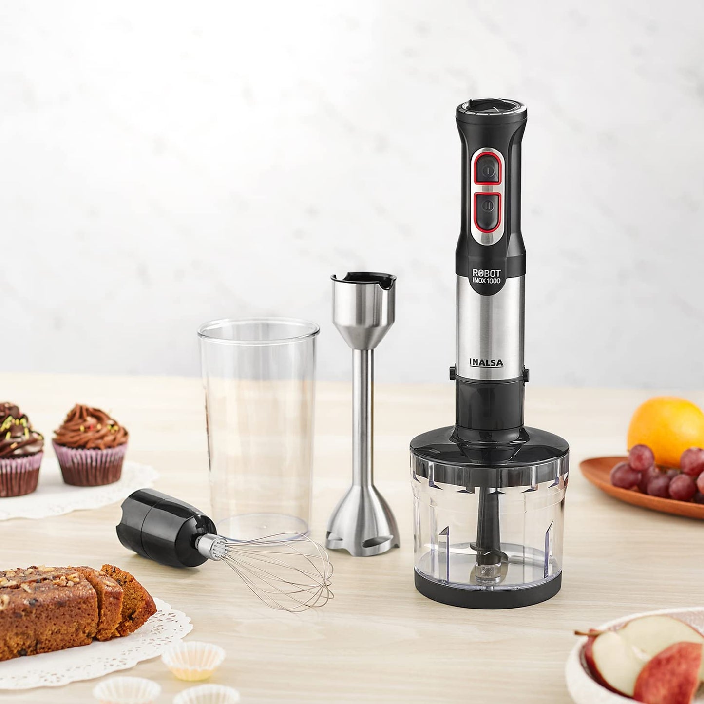 INALSA Hand Blender 1000 Watts with Chopper, Whisker| Variable Speed & Turbo Speed Function|100% Copper Motor|1Liter|Low Noise |Anti-Splash Technology|Home&kitchen|2 Year Warranty (Robot Inox 1000E)