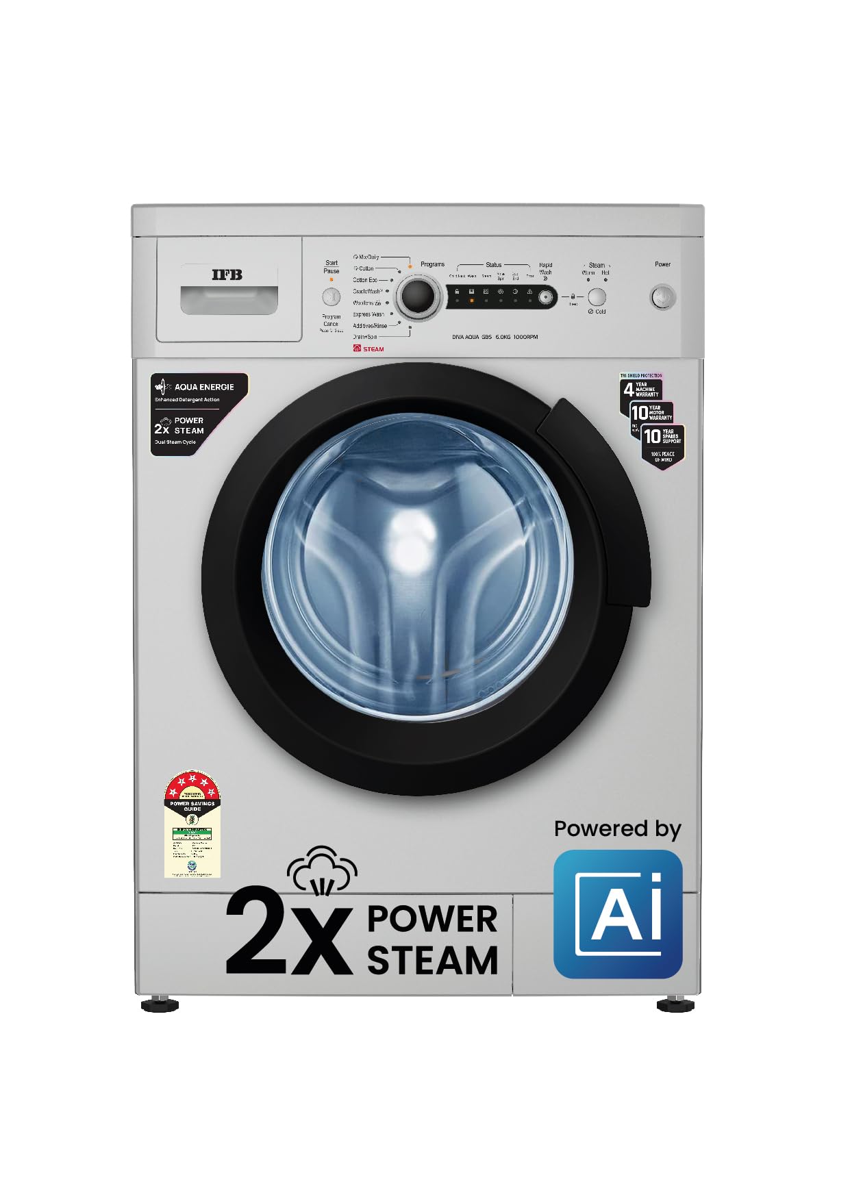 IFB 6 Kg 5 Star Powered by AI with 9 Swirl Wash, Fully Automatic Front Load Washing Machine (DIVA GXN 6010, Steam Refresh Program with Eco Inverter, Grey)