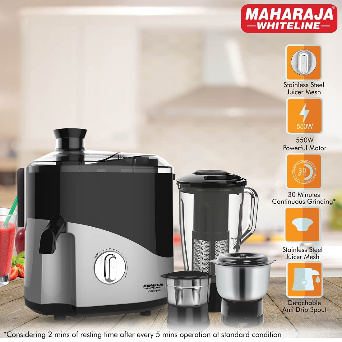Maharaja Whiteline Odacio Plus Juicer Mixer Grinder,550W,3 Jars (2 Stainless Steel Jar + Blending Jar with Fruit Filter),Silver & Black,Food Grade Safe, High Grade Mesh, Fluidic design, 2Year Warranty