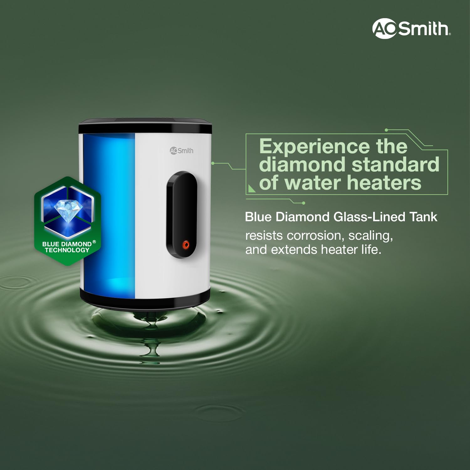 AO Smith Geyser 15 Litre 5 Star BEE Rating | 2KW | Storage Water Heater With 2X Corrosion Resistant Blue Diamond Glass Tank | Warranty: 7 Yr Tank, 3 Yr heating element & 2 Yr Overall | VAS PLUS 15L