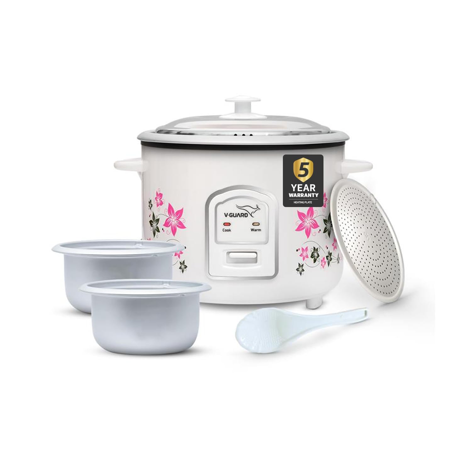 V-Guard VRC 1.8-Litre Electric Rice Cooker with 700 W Power, 2 Pots, Spatula, Rice Separator 5-Yr Heating Plate & 2-Yr Product Coverage Automatic Cooking with Double-Layered Body & Cool Touch Handles.
