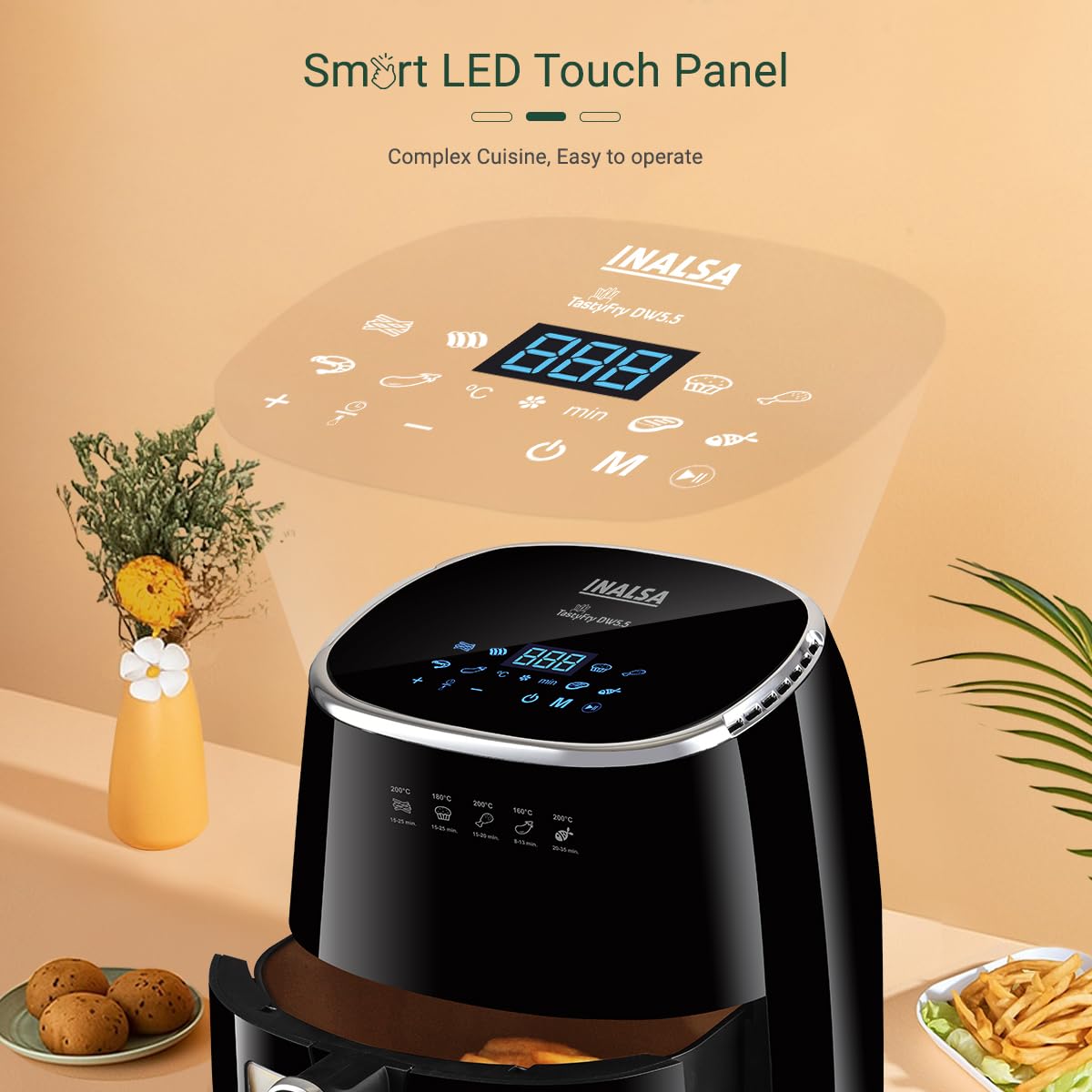 INALSA Air Fryer for Home|5.5 liter Capacity|Visible Window & Internal Light|1600 W with Smart AirCrisp Technology|6-In-1 Appliance With 8 Preset Menu & Digital Display (Tasty fry DW5.5) Black