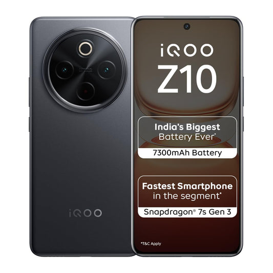 iQOO Z10 5G (Stellar Black, 8GB RAM, 256GB Storage) | India's Biggest Ever 7300 mAh Battery | Snapdragon 7s Gen 3 Processor | Brightest Quad Curved AMOLED Display in The Segment