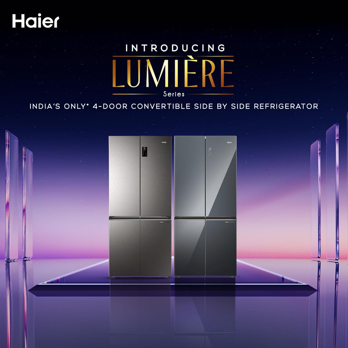 Haier 520L 3Star Lumiere 4-Door Side by Side Frost Free Refrigerator|Convertible|Smart Sense AI|Inverter|Colourful Display Panel|My zone|Sun Lit Interior (2025 Model, HRB-600MGU1, Mirror Glass)