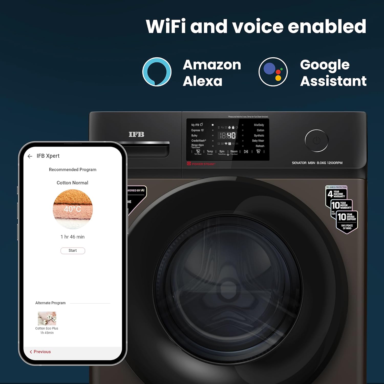 IFB 8 Kg 5 Star Powered by AI with 9 Swirl Wash, WiFi, Fully Automatic Front Load Washing Machine (Senator MBN 8012, Steam Refresh Program with Eco Inverter, Mocha)