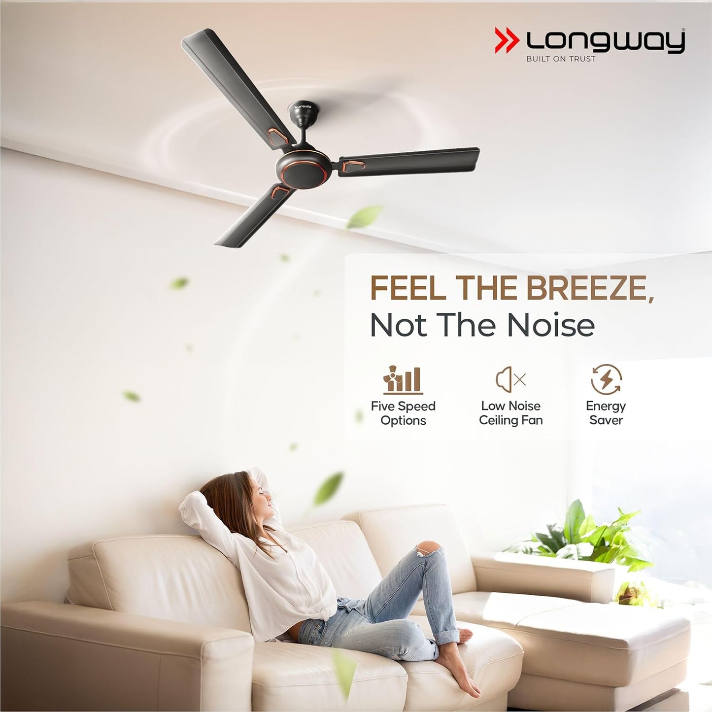 LONGWAY Kiger P2 1200 mm/48 inch Ultra High Speed 3 Blade Anti-Dust Decorative Star Rated Ceiling Fan (Smoked Brown, Pack of 2)