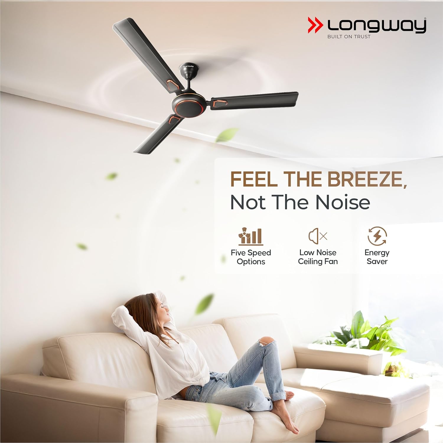 LONGWAY Kiger P2 1200 mm/48 inch Ultra High Speed 3 Blade Anti-Dust Decorative Star Rated Ceiling Fan (Smoked Brown, Pack of 2)