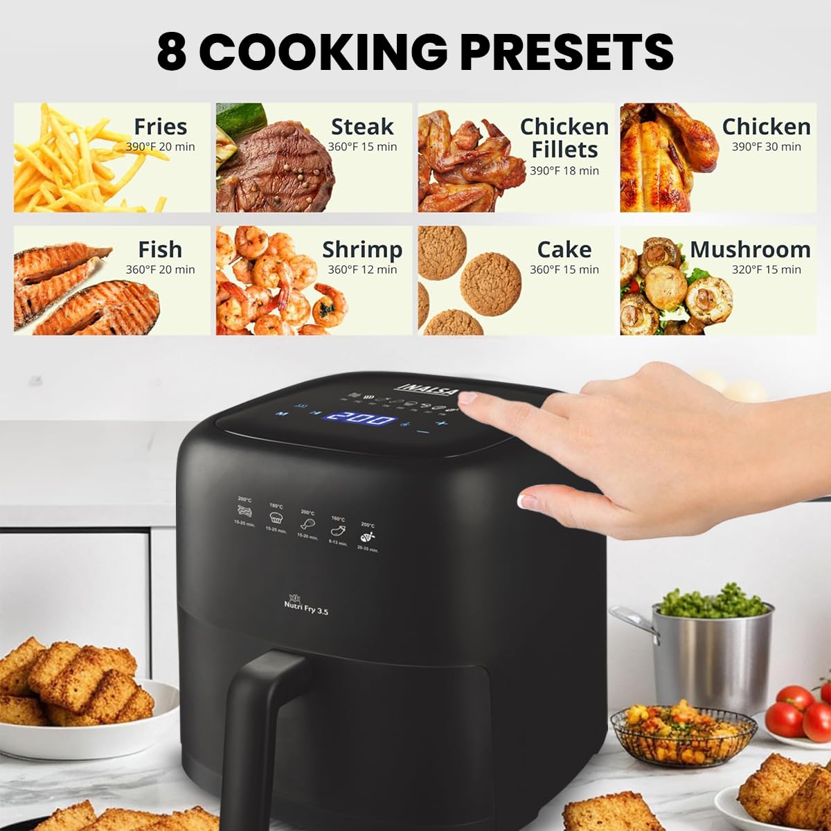 INALSA Air Fryer 3.5 ltr|1400 W with Air Crisp Technology|Temperature & Timer Control|8 Preset Menu & Digital Display|Air fry, Bake,Roast,Reheat,Dehydrate|Airfryer Recipe book-NutriFry 3.5