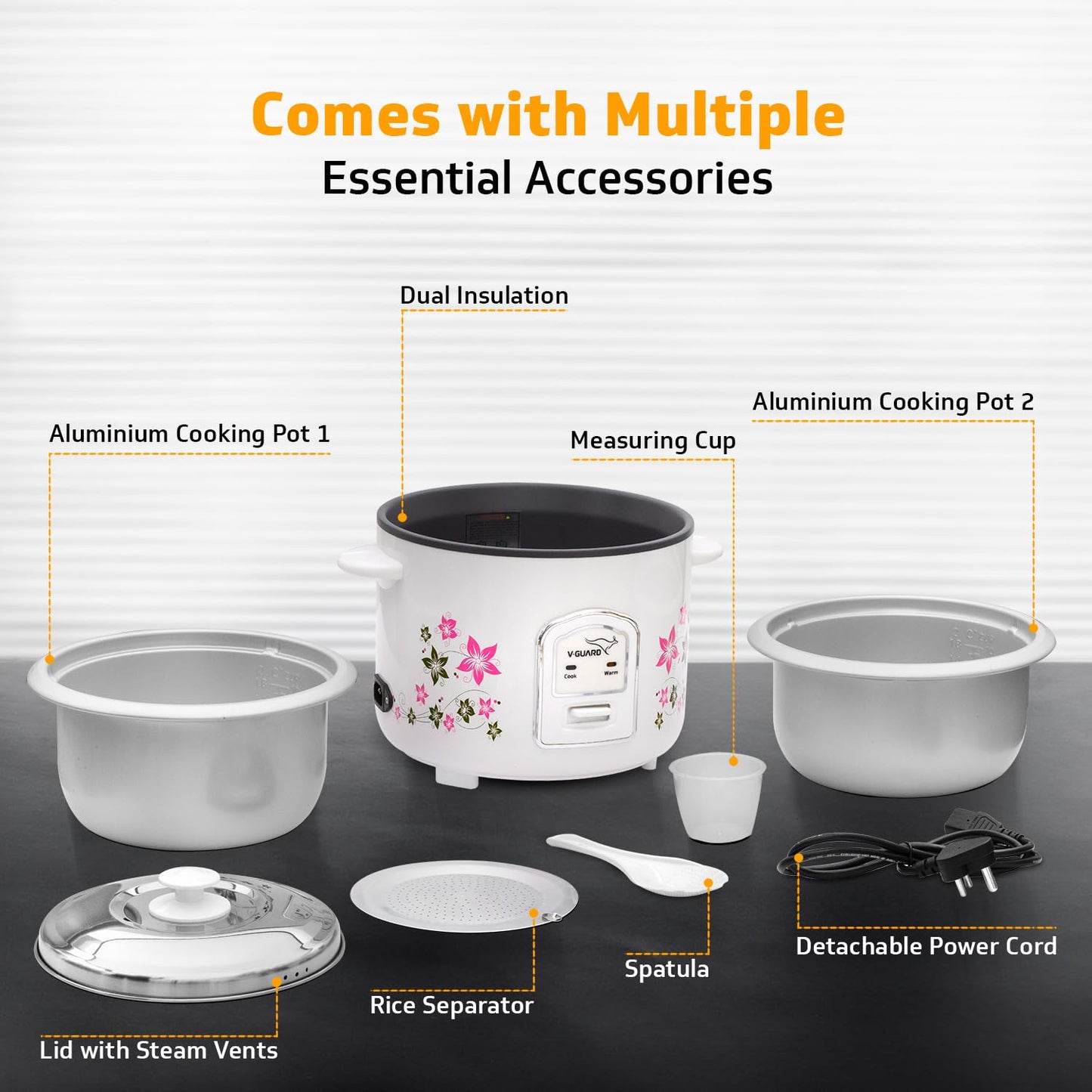 V-Guard VRC 1.8-Litre Electric Rice Cooker with 700 W Power, 2 Pots, Spatula, Rice Separator 5-Yr Heating Plate & 2-Yr Product Coverage Automatic Cooking with Double-Layered Body & Cool Touch Handles.