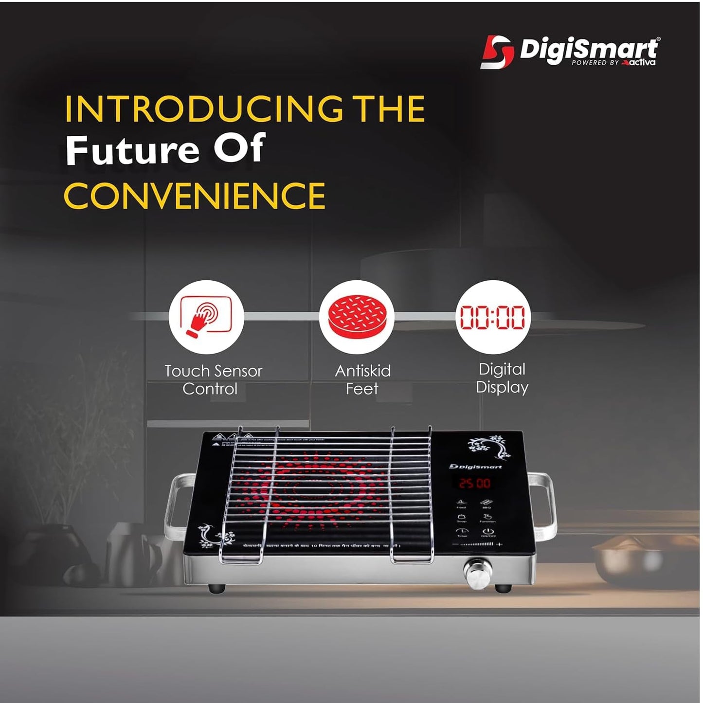 DIGISMART Emerald Induction 2500 Watts Stove with Grill Rack, Auto-Off Safety, 3 Cooking Modes, Works with All Cookware, Infrared Crystal Glass Top, Digital Soft Touch Controls, 1 Year Warranty-Black