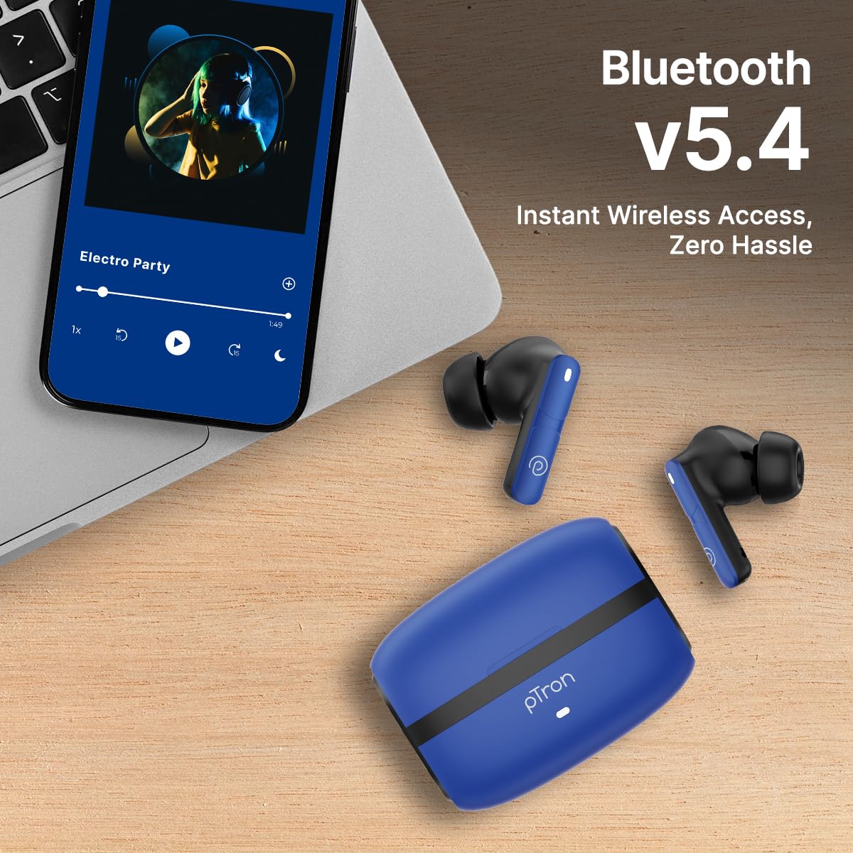 pTron Bassbuds Blaze in-Ear TWS Earbuds w/ 13mm Drivers, 50Hrs Playtime, AI-ENC Clear Calls, Bluetooth V5.4 Wireless Headphones, Touch Control, Voice Assistant, Type C Charging & IPX5 (Blue & Black)