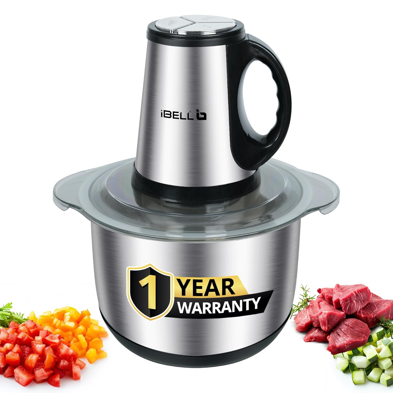 IBELL Electric Chopper, Large Size (5L) for Kitchen Use, 1200W, Stainless Steel Blade, Multi Purpose for Cutting, Slicing Meat, Vegetables, Nuts & Fruits, MT500SM (Silver)