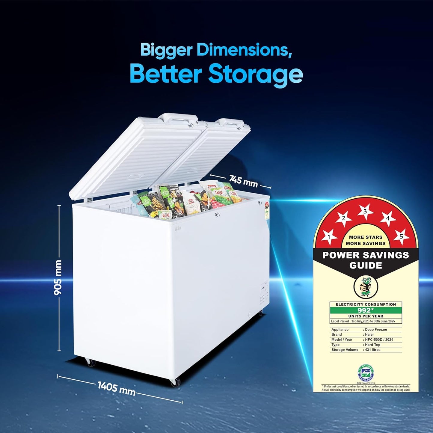 Haier HFC-500DM5, 5 Star Rating Double Door Convertible Deep Freezer, 5 Side Freezing, Dual Condenser, Inside Metal Liner with 70mm Puff Thickness (White)