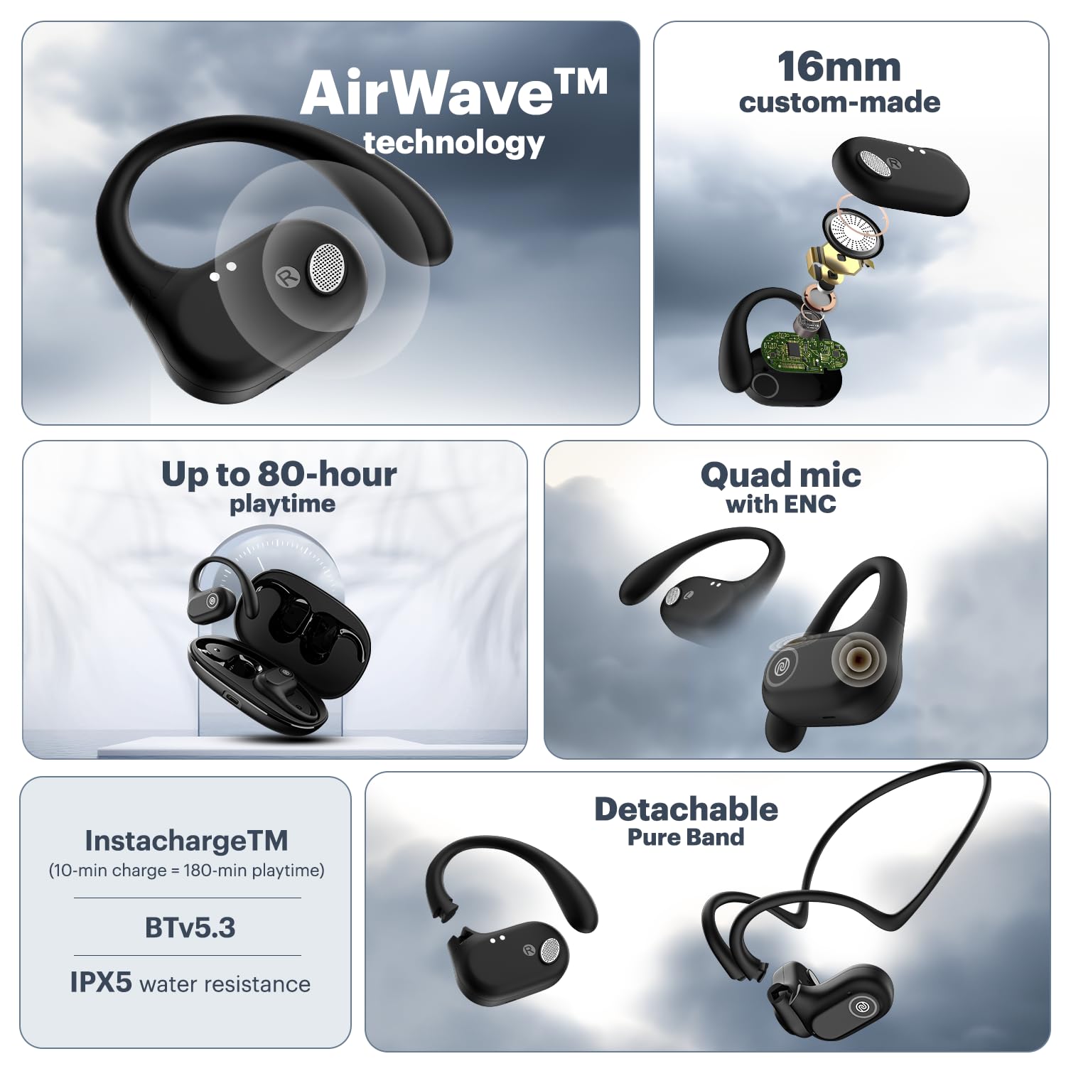 Noise Pure Pods Wireless Open Ear Earbuds with AirWave™ Technology,Up-to 80H Playtime,Quad Mic with ENC,16mm Neodymium Dynamic Driver,Detachable Pure Band,BTv5.3 (Power Black)