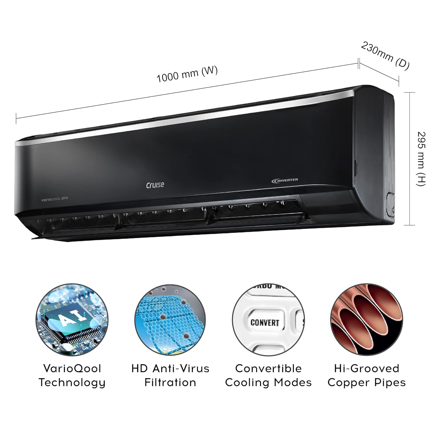 Cruise Limited Edition 1.5 Ton 3 Star Black Inverter Split AC (5200W, Copper, Heavy Duty, 4-in-1 Convertible Cooling, 4-Way Swing, PM 2.5 Filter, Anti-Rust Tech, CWCVBL-VP3F183BL, Piano Black)