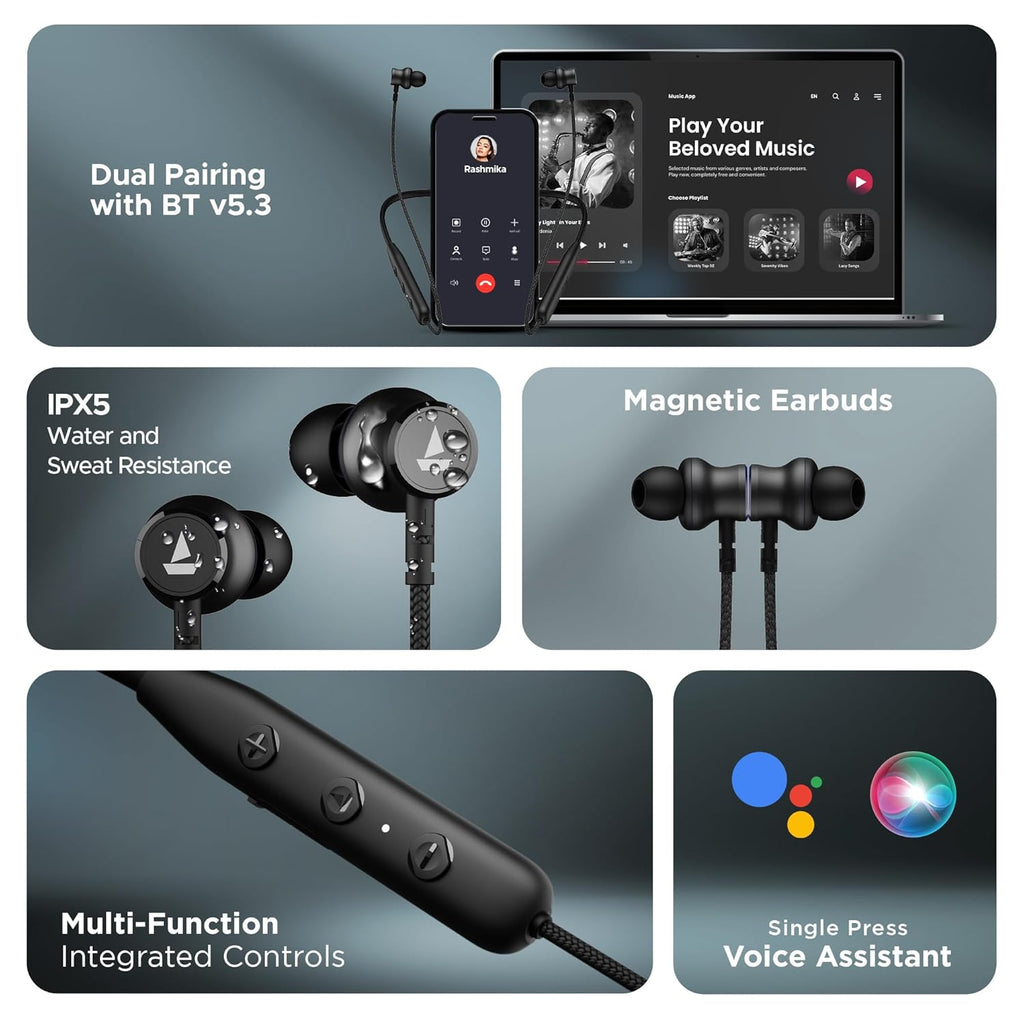boAt Rockerz 110/Rockerz 109 Wireless in Ear Neckband with Up to 60 hrs Playtime, Dual Device Pairing, ENx Tech, ASAP Charging, BTv5.3,IPX5,Type-C Interface & Magnetic Power Buds(Active Black)