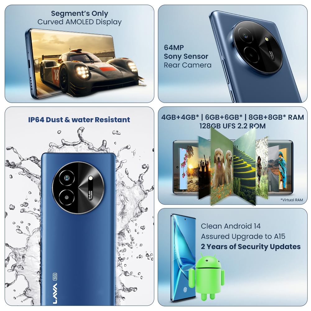 Lava Bold 5G (Sapphire Blue, 8GB RAM, 128GB Storage) | 3D Curved FHD+ AMOLED Display | Mediatek Dimensity 6300 Processor | IP64 Water Resistance | 64MP Rear Sensor | Supports All Indian 5G Bands