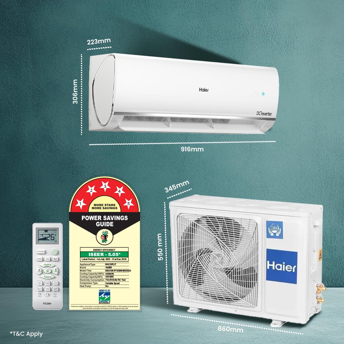 Haier 1.5 Ton 5 Star Triple Inverter Split AC (4850 W, Copper, 7 in 1 Convertible, 4-Way Swing, Frost Self Clean, HD Filter, Cools at 60°C, 20 Mtr. Air Throw - HSU18K-PYSS5BN-INV, White)