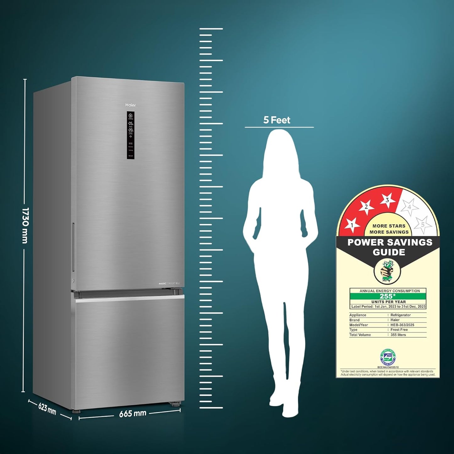 Haier 355 L 3 Star Frost Free Bottom Mount Double Door Refrigerator|Convertible 14-in-1|Jhukna Mat-Bottom Freezer|Digital Display Panel|Triple Inverter|Twist Ice Maker (HEB-363TS-P, Inox Steel)