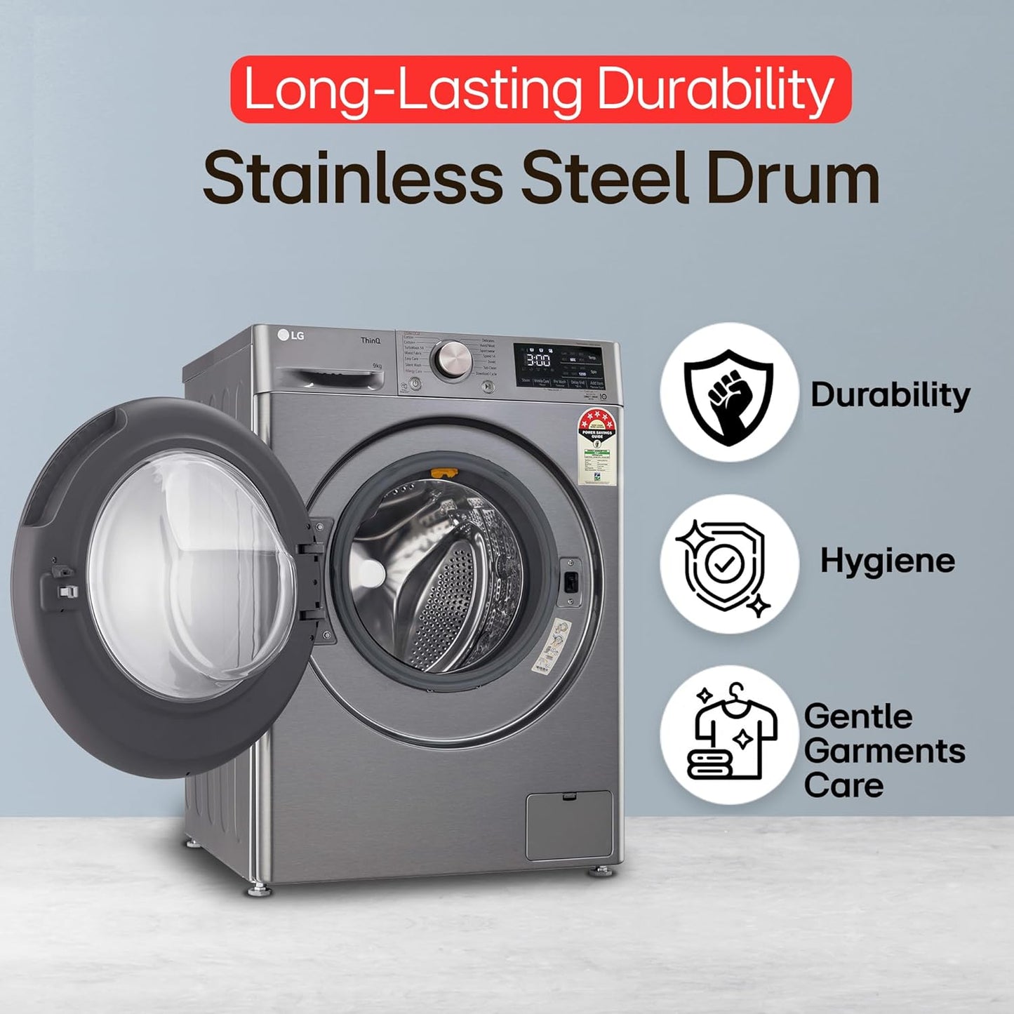 LG 9 Kg, 5 Star, AI Direct Drive Technology, Wi-Fi, Steam+ with Wrinkle Care, Fully Automatic Front-Loading Washing Machine (FHP1209Z7P, Intelligent & Convenient Fabric Care, Allergy Care, Platinum)