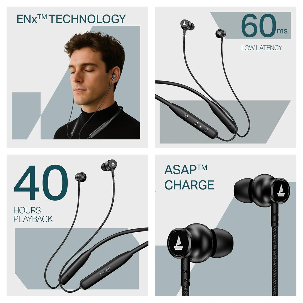 boAt Rockerz 113 (2025 Launch), 40 Hrs Playback, Dual Pair, Fast Charge, Enx Tech, Low Latency, Magnetic Buds, Bluetooth Neckband, Wireless with Mic in Ear Earphones(Active Black)