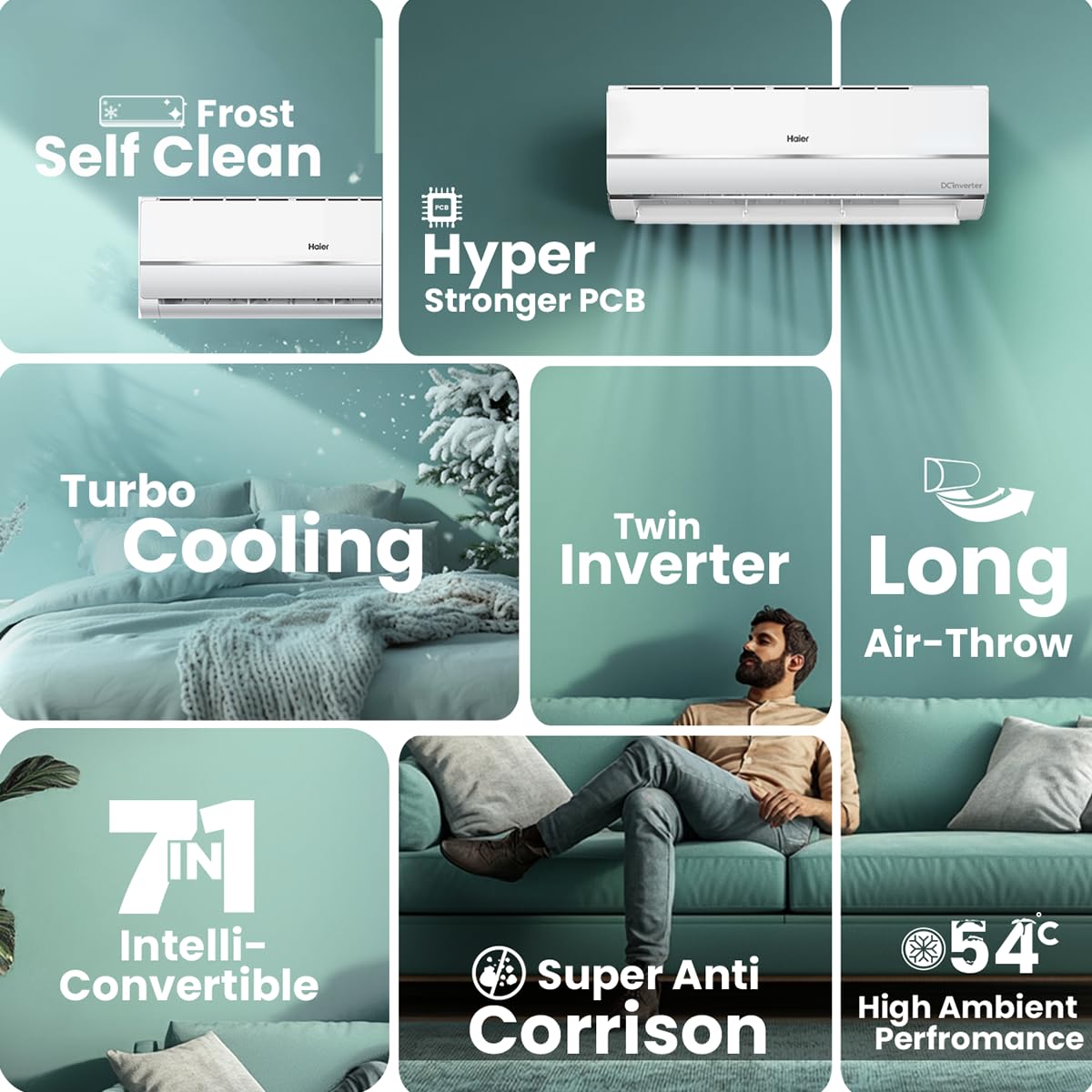 Haier 1 Ton 3 Star Twin Inverter Split AC (Copper, 7 in 1 Convertible, Frost Self Clean, HD Filter, Cools at 54°C, Long Air Throw - HSU11V-TMS3BN-INV,White)