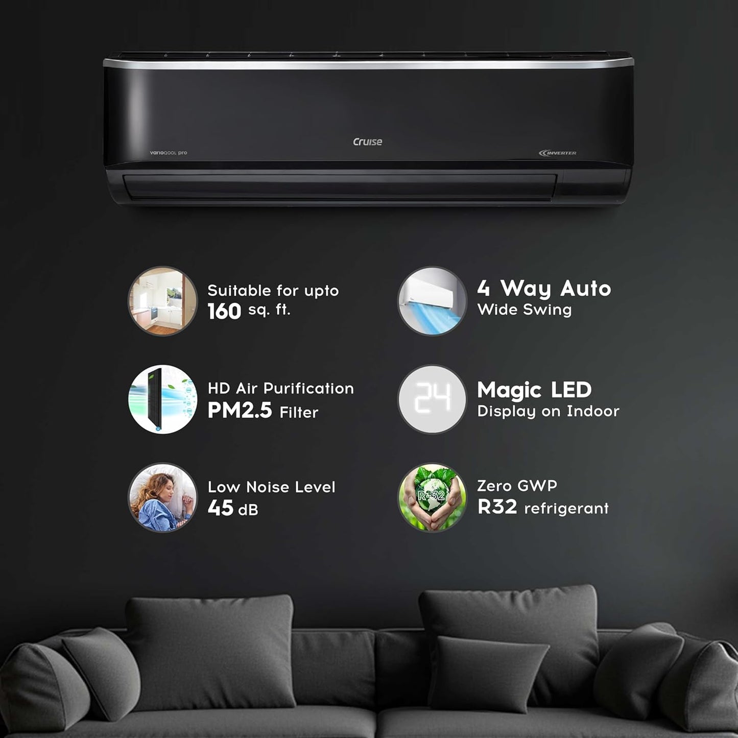 Cruise Limited Edition 1.5 Ton 3 Star Black Inverter Split AC (5200W, Copper, Heavy Duty, 4-in-1 Convertible Cooling, 4-Way Swing, PM 2.5 Filter, Anti-Rust Tech, CWCVBL-VP3F183BL, Piano Black)