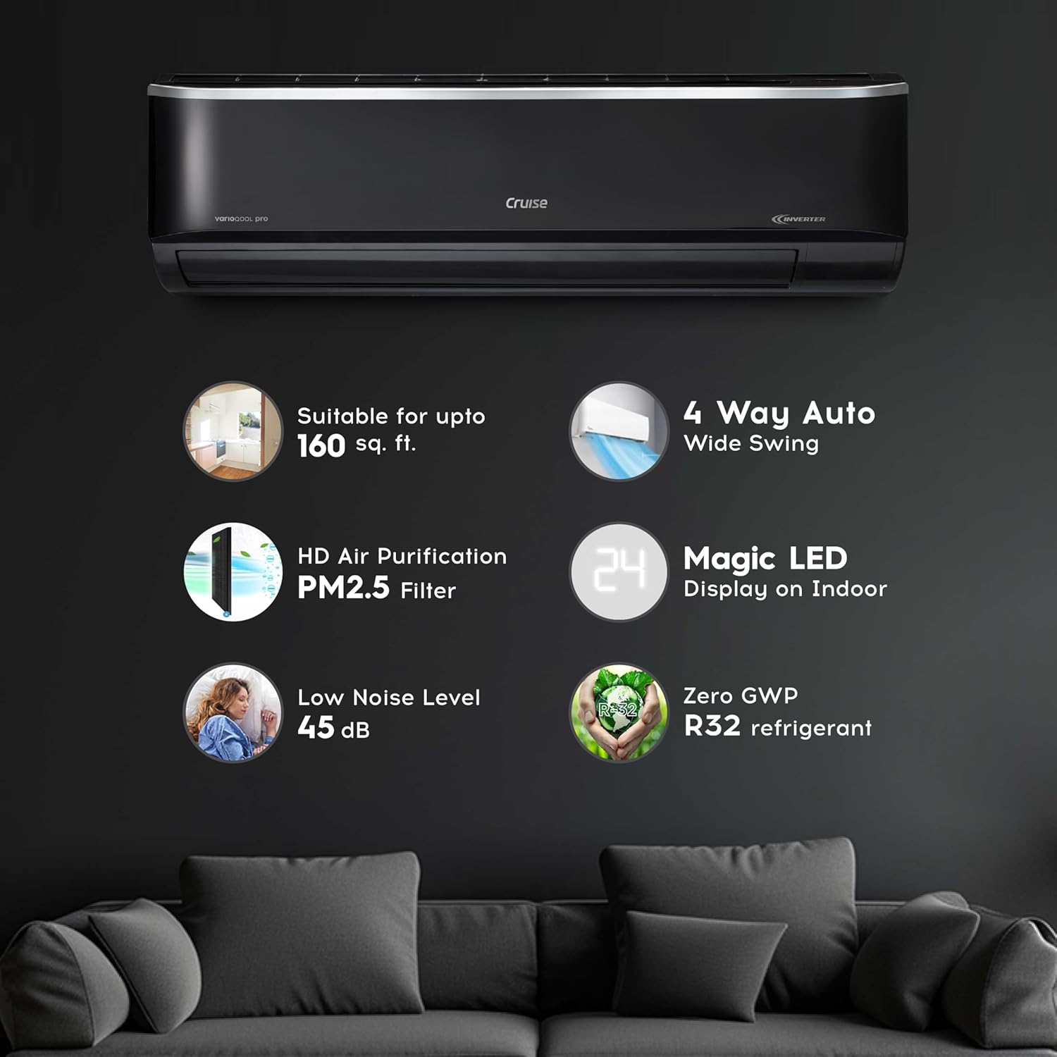 Cruise Limited Edition 1.5 Ton 3 Star Black Inverter Split AC (5200W, Copper, Heavy Duty, 4-in-1 Convertible Cooling, 4-Way Swing, PM 2.5 Filter, Anti-Rust Tech, CWCVBL-VP3F183BL, Piano Black)