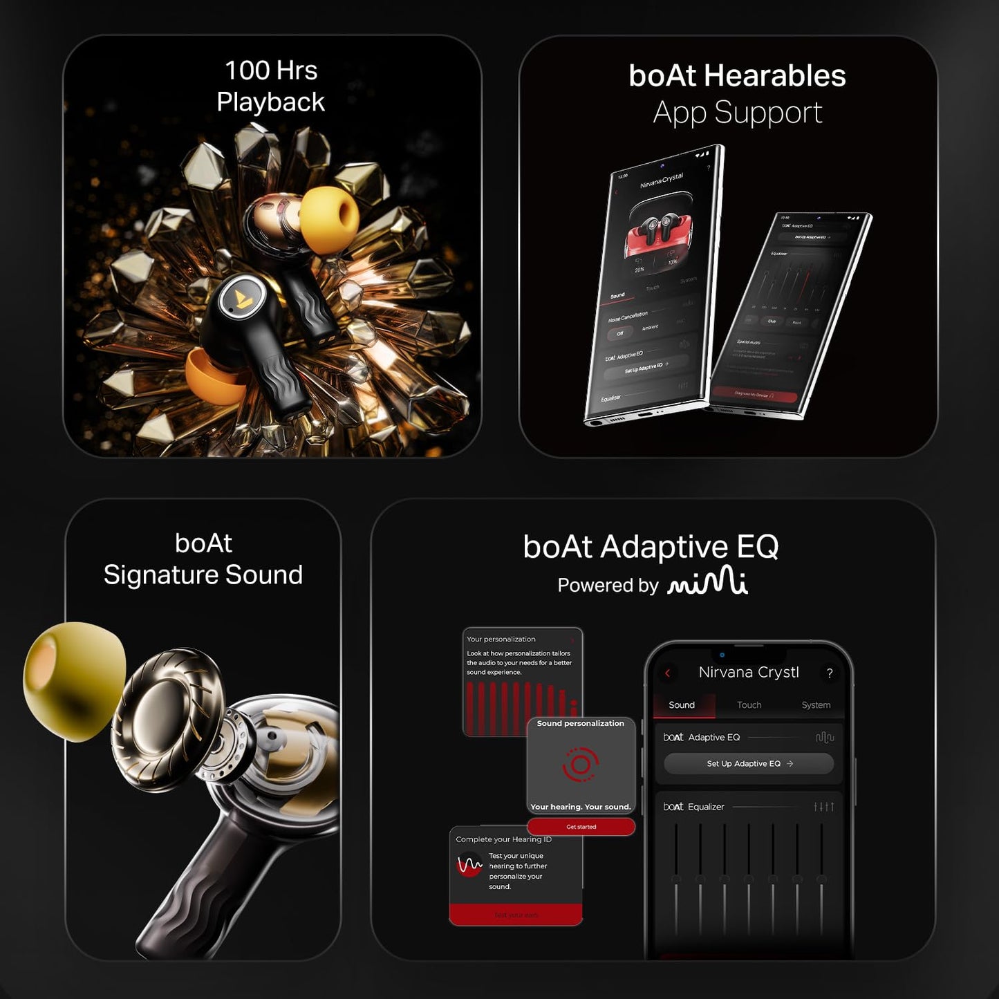 boAt Nirvana Crystl (2025 Launch), Transparent Case,Spatial Audio, ANC(~32dB), 100Hrs Battery,4Mics ENx,App Support, Bluetooth Earbuds, TWS Ear Buds Wireless Earphones with mic (Quantum Black)