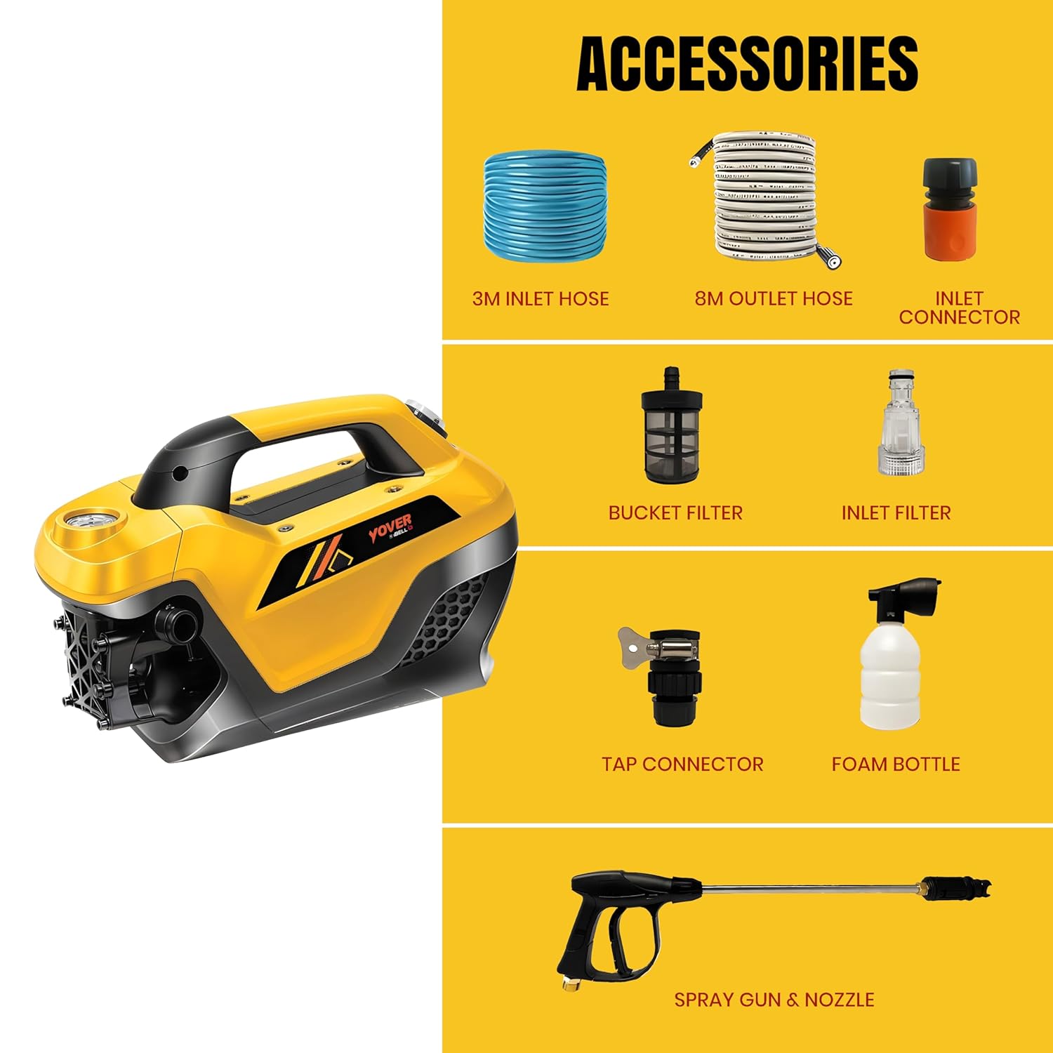 IBELL YO2800 High Pressure Car Washer for Home & Bike Cleaning, 2800W Induction Motor, 240 Bar, 12 L/min Flow, Portable Power Washer with 8M Hose & Spray Gun